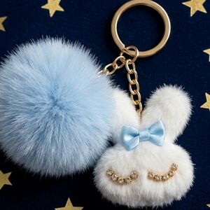 Bunny Pom-Pom Keychain/Bag Charm for WOMEN & KIDS  Light Blue and White NIP